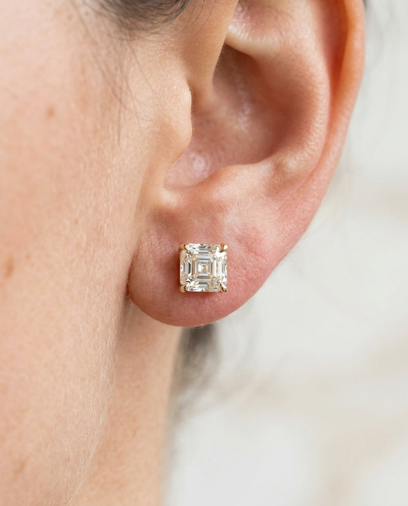 2.4 ct Asscher Diamond Stud Earrings — 14k Yellow Gold