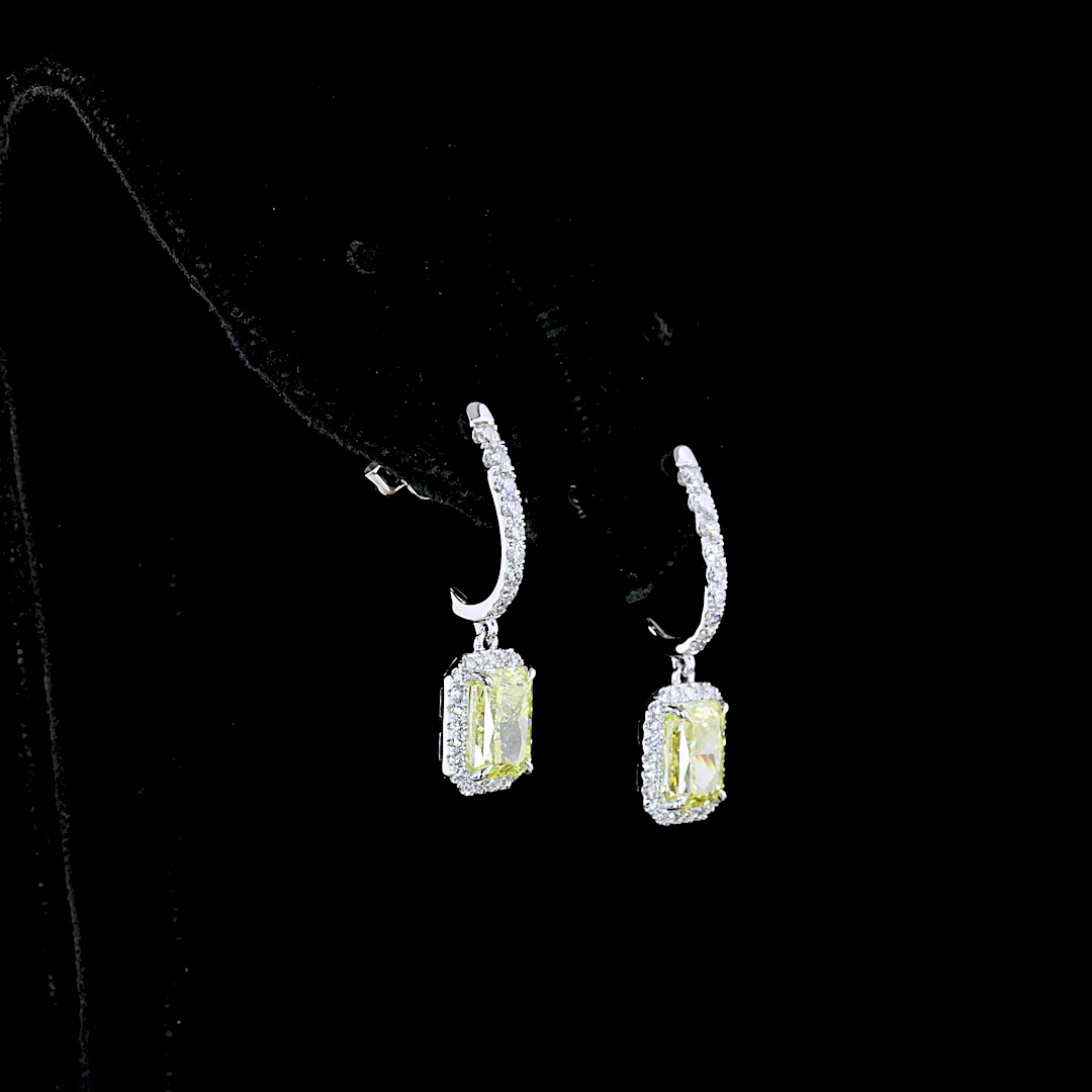 2.68 ct Fancy Intense Yellow Diamond Drop Earrings — 14k White Gold